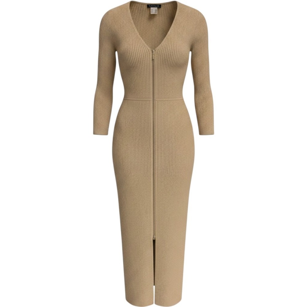 Venus Gold Metallic Ribbed Knit Full Zip Midi Sweater Dress Womens Small S